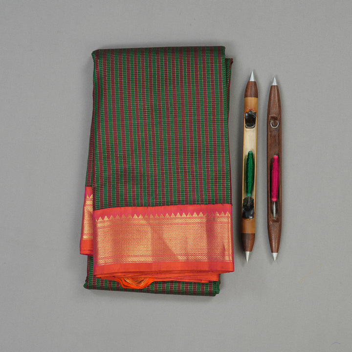 Hayagrivas Handloom Multicolour Kanjivaram Silk Saree with Orangish-Pink Border KBE554F5-1