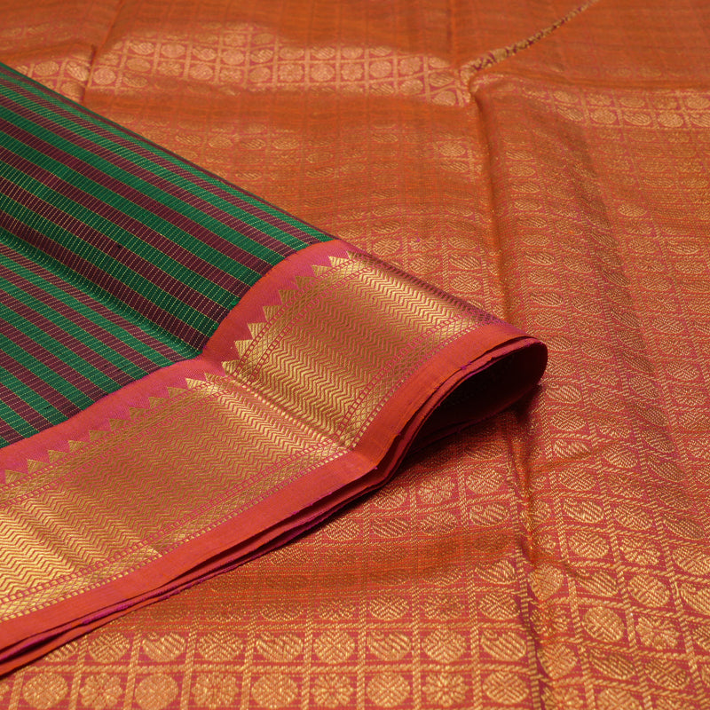 Hayagrivas Handloom Multicolour Kanjivaram Silk Saree with Orangish-Pink Border KBE554F5-1