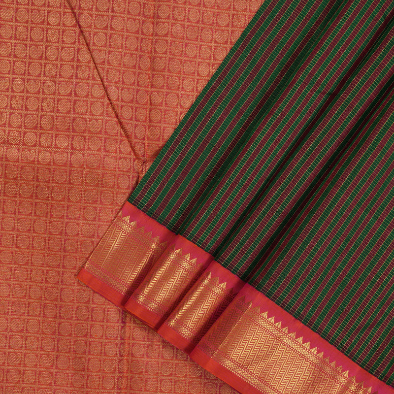 Hayagrivas Handloom Multicolour Kanjivaram Silk Saree with Orangish-Pink Border KBE554F5-1