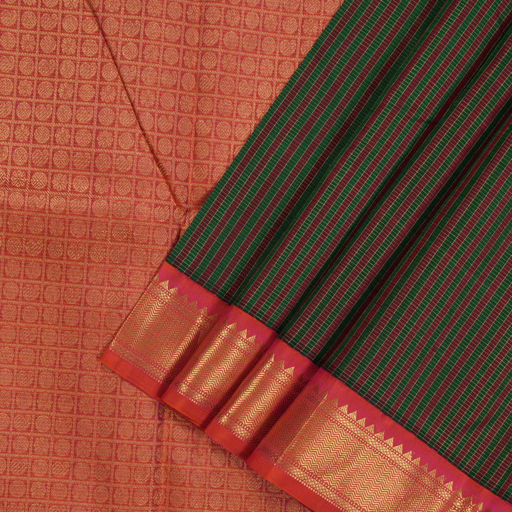 Hayagrivas Handloom Multicolour Kanjivaram Silk Saree with Orangish-Pink Border KBE554F5-1