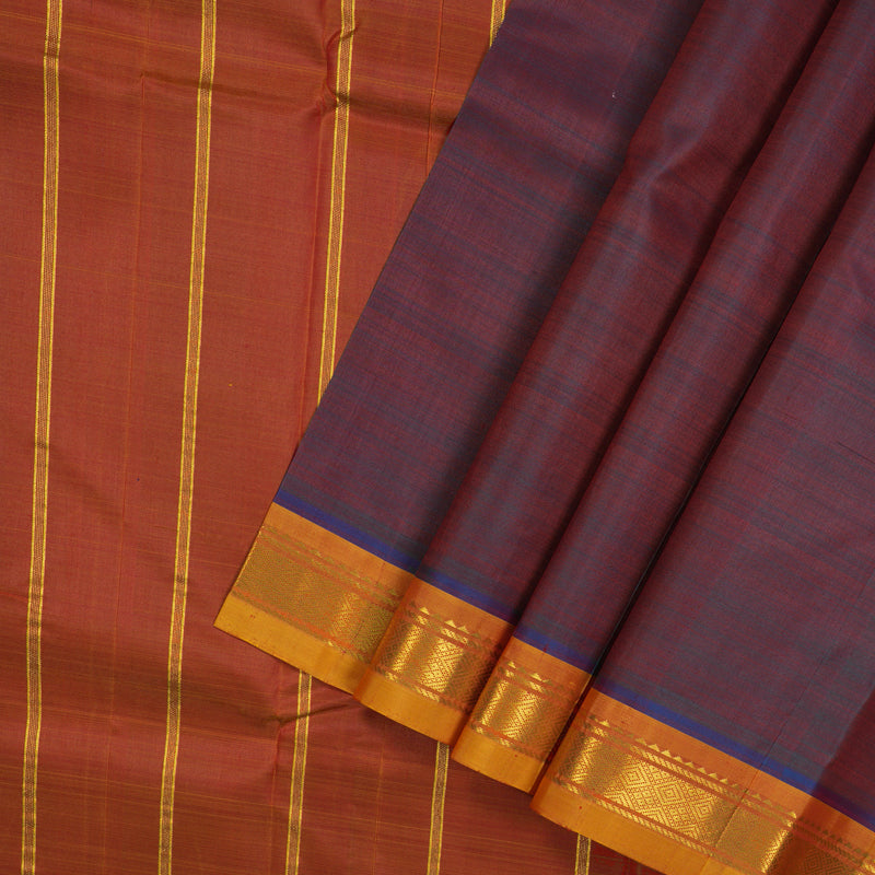 Hayagrivas Handloom Dual Tone (Wine & Blue) Kanjivaram Silk Saree with Orange Border KBE565F1-3