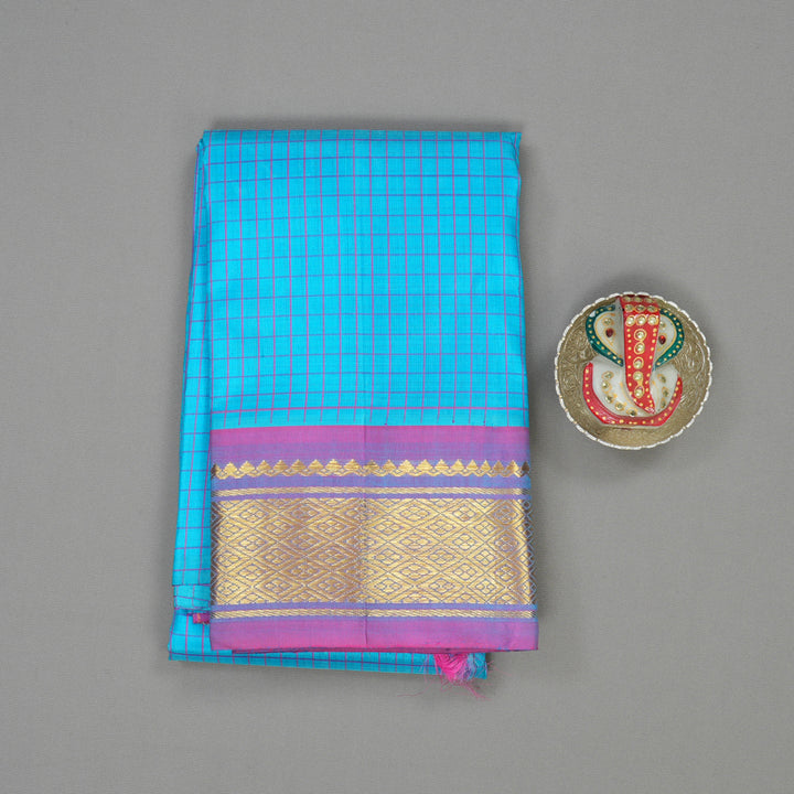 Hayagrivas Handloom Sky Blue Kanjivaram Silk Saree with Dual Tone (Pink & Blue) Border KBE565F7-5