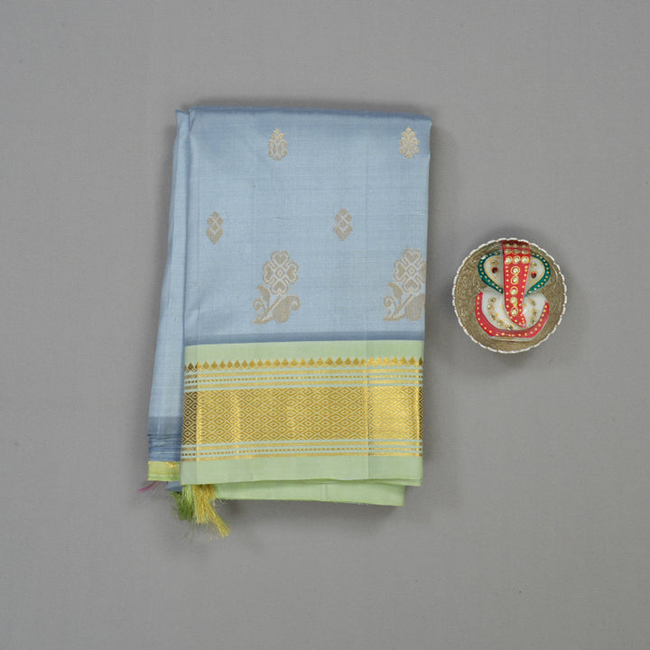 Hayagrivas Handloom Bluish Grey Kanjivaram Silk Saree with Light Green Border KBE565F9-6