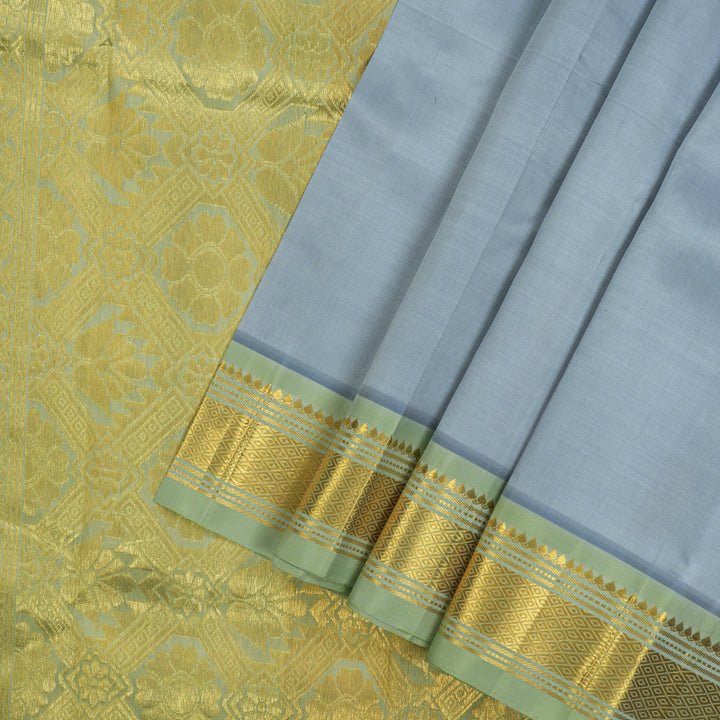 Hayagrivas Handloom Bluish Grey Kanjivaram Silk Saree with Light Green Border KBE565F9-6