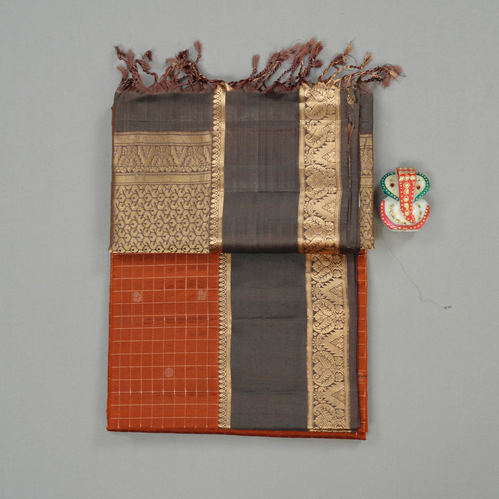 Hayagrivas Burnt Orange Handloom Soft Silk Saree with Dark Grey Border KBE56D8-1