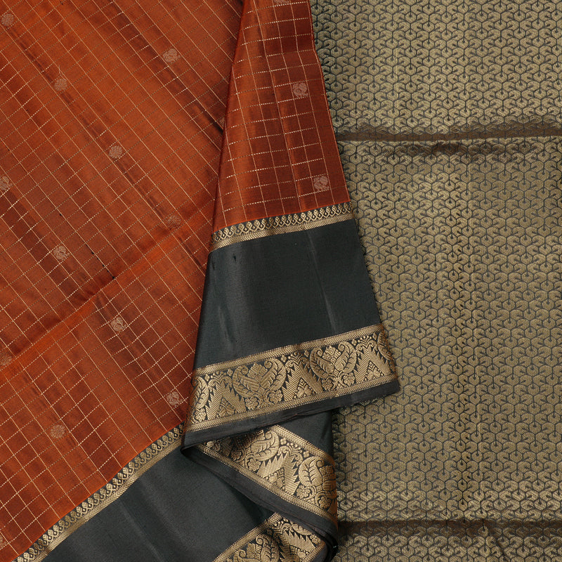 Hayagrivas Burnt Orange Handloom Soft Silk Saree with Dark Grey Border KBE56D8-1