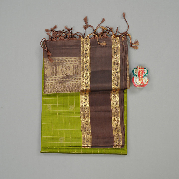Hayagrivas Olive Green Handloom Soft Silk Saree with Chocolate Brown Border KBE56D9-1