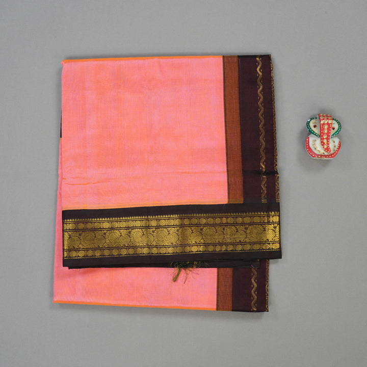 Hayagrivas Handloom Pure Silk Cotton Saree in Light Orangish Pink with Dark Brown KBE578F4-3