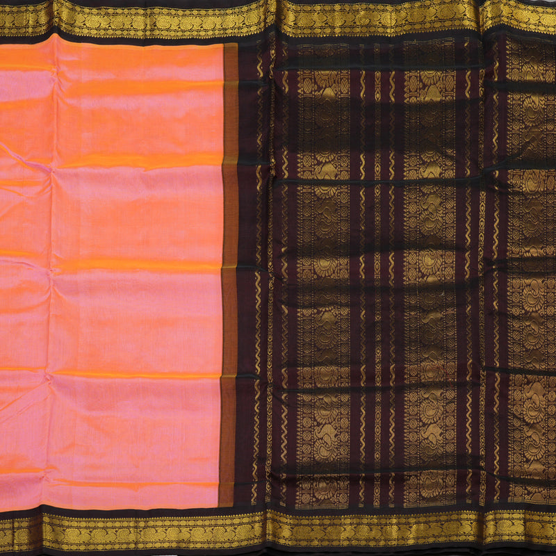 Hayagrivas Handloom Pure Silk Cotton Saree in Light Orangish Pink with Dark Brown KBE578F4-3