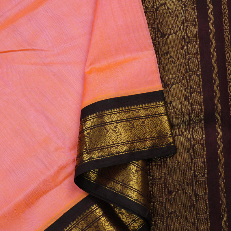 Hayagrivas Handloom Pure Silk Cotton Saree in Light Orangish Pink with Dark Brown KBE578F4-3