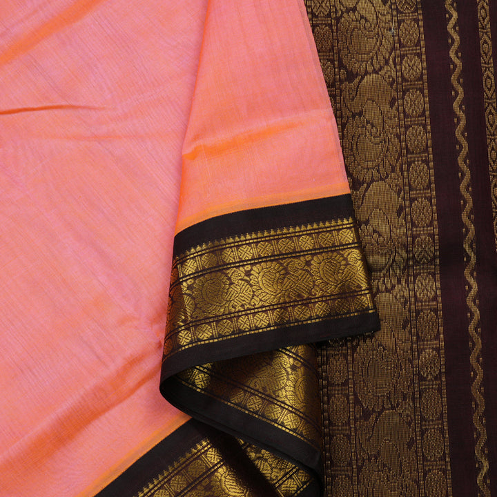 Hayagrivas Handloom Pure Silk Cotton Saree in Light Orangish Pink with Dark Brown KBE578F4-3