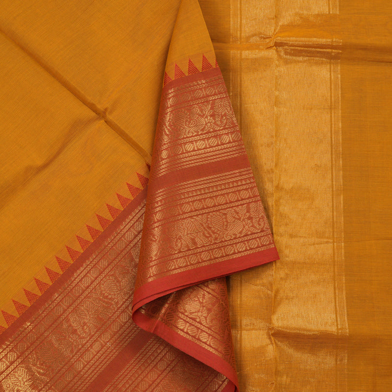 Hayagrivas Handloom pure cotton sareee in Mustard yellow with pink border KBE57D1-11