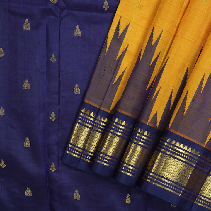 Hayagrivas Handloom Kanjivaram One side border in Yellow with Navy Blue KBE581F1-1
