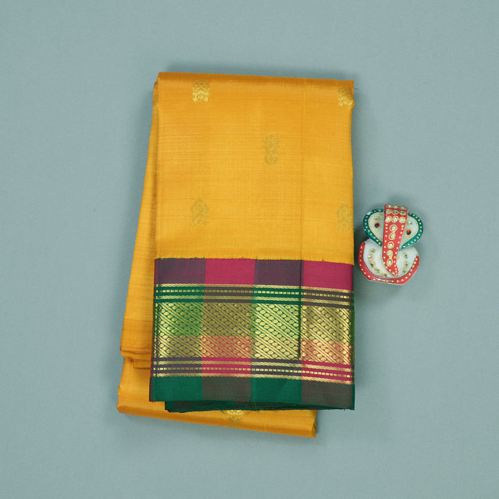 Hayagrivas Pure Kanjivaram One Side border saree in Mango Yellow with Multicolour Pallu KBE581F3-3