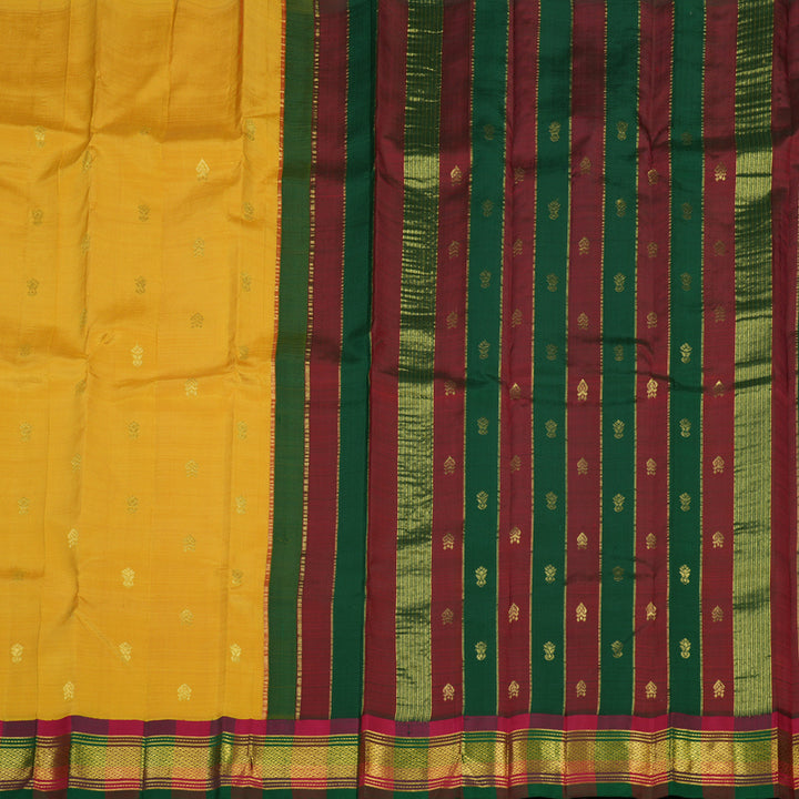 Hayagrivas Pure Kanjivaram One Side border saree in Mango Yellow with Multicolour Pallu KBE581F3-3