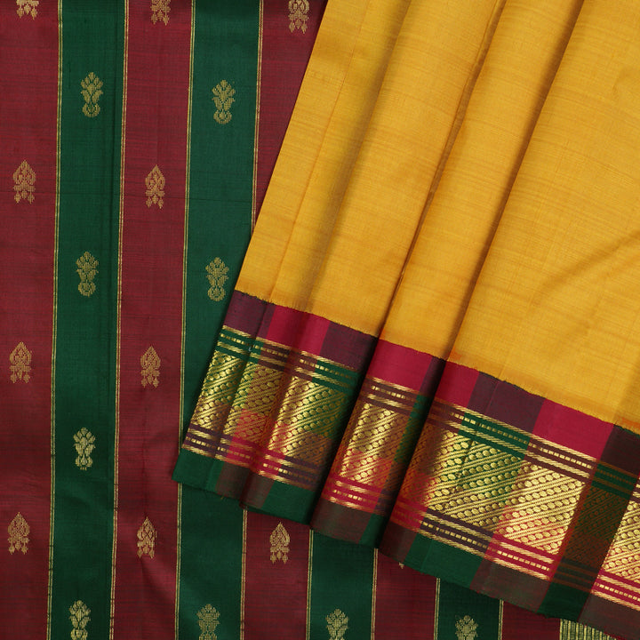 Hayagrivas Pure Kanjivaram One Side border saree in Mango Yellow with Multicolour Pallu KBE581F3-3