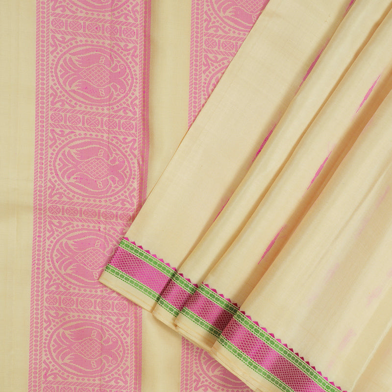 Hayagrivas Handloom Beige Kanjivaram Silk Saree with Pink Border KBE587F11-1