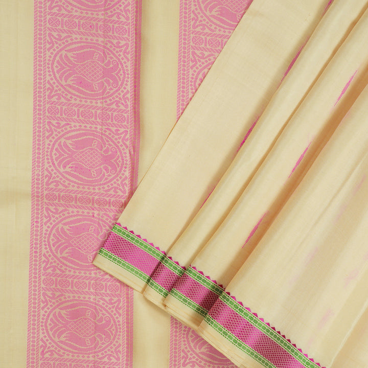 Hayagrivas Handloom Beige Kanjivaram Silk Saree with Pink Border KBE587F11-1
