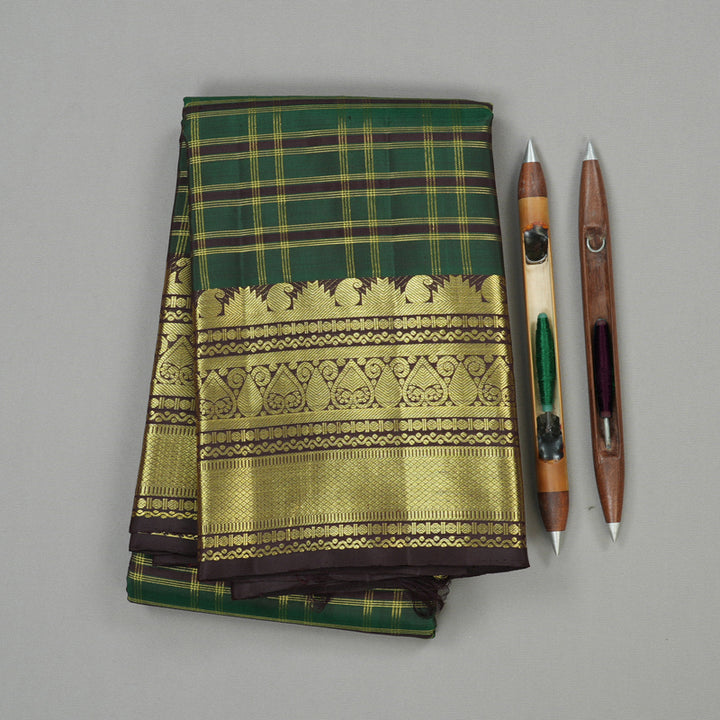 Hayagrivas Bottle Green Handloom Kanjivaram Silk Saree with Dark Brown Border KBE58D6-1