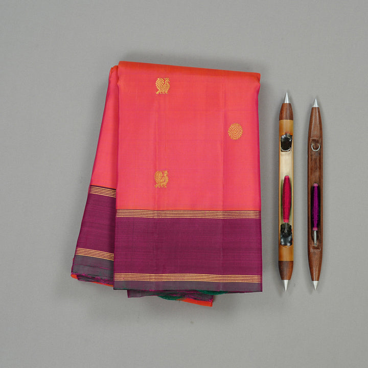 Hayagrivas Orangish Pink Handloom Kanjivaram Silk Saree with Dark Purple Border KBE59D3-1