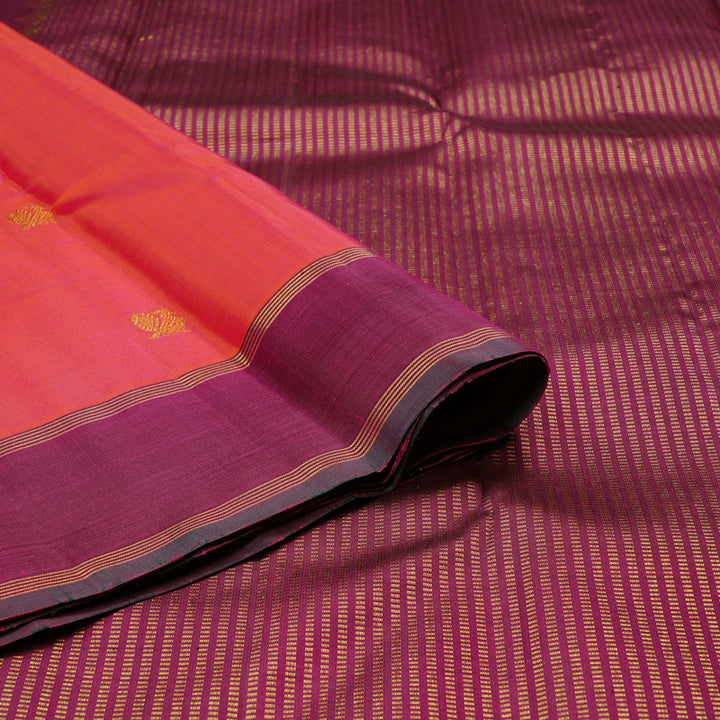 Hayagrivas Orangish Pink Handloom Kanjivaram Silk Saree with Dark Purple Border KBE59D3-1