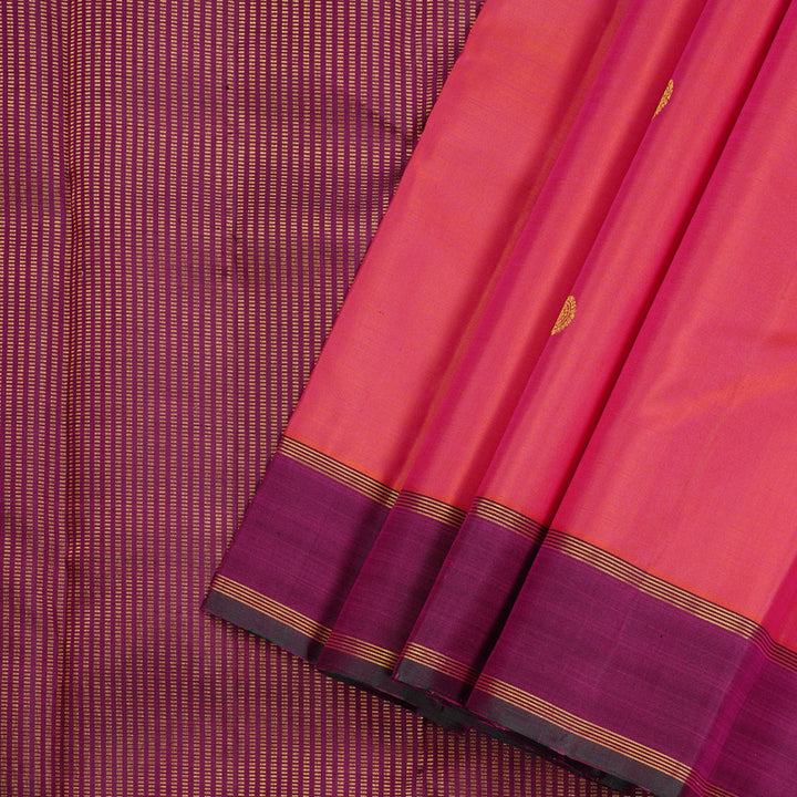 Hayagrivas Orangish Pink Handloom Kanjivaram Silk Saree with Dark Purple Border KBE59D3-1
