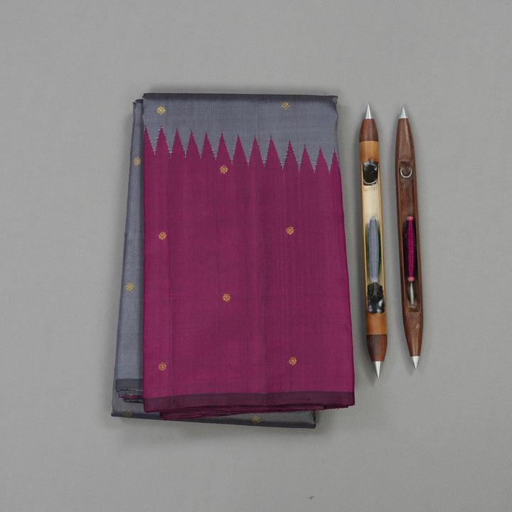 Hayagrivas Handloom Kanjivaram silk saree in sophisticated Grey with purple Temple  raising border KBE59D5-1