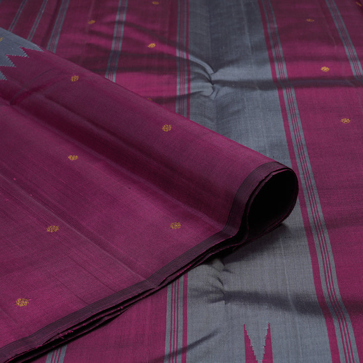 Hayagrivas Handloom Kanjivaram silk saree in sophisticated Grey with purple Temple  raising border KBE59D5-1