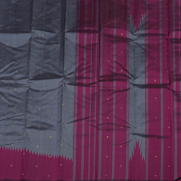 Hayagrivas Handloom Kanjivaram silk saree in sophisticated Grey with purple Temple  raising border KBE59D5-1