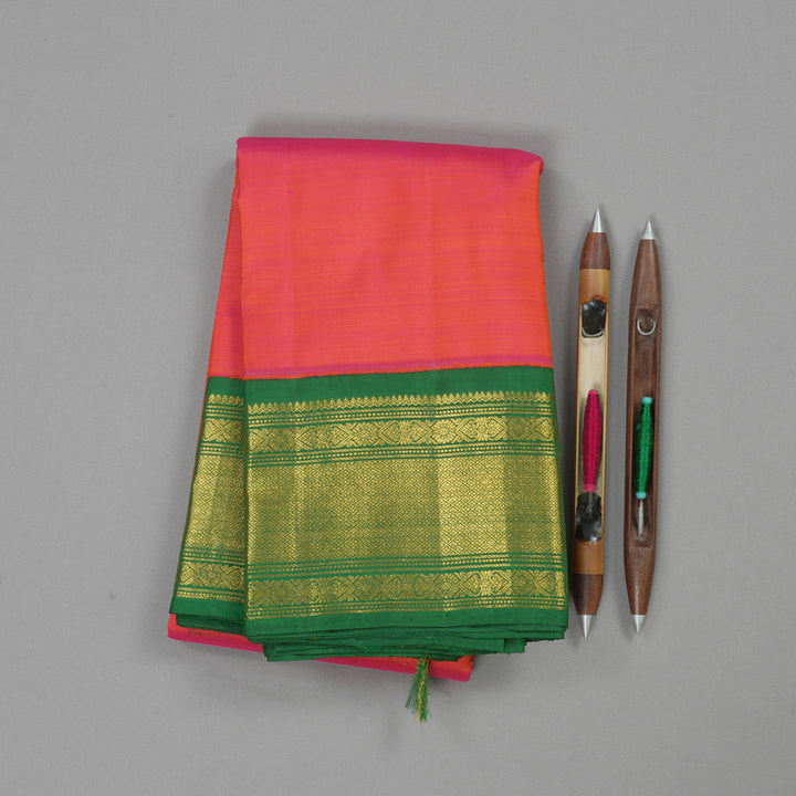 Hayagrivas Orangish Pink Handloom Kanjivaram Silk Saree with Dark Green Border KBE5D26-1