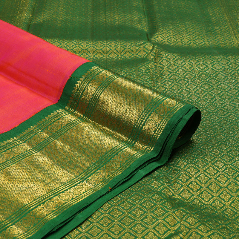 Hayagrivas Orangish Pink Handloom Kanjivaram Silk Saree with Dark Green Border KBE5D26-1