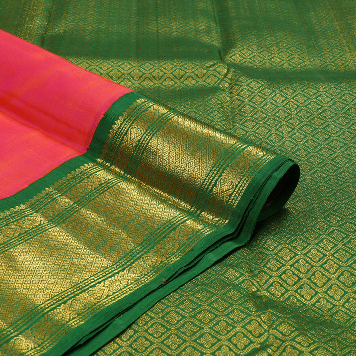 Hayagrivas Orangish Pink Handloom Kanjivaram Silk Saree with Dark Green Border KBE5D26-1