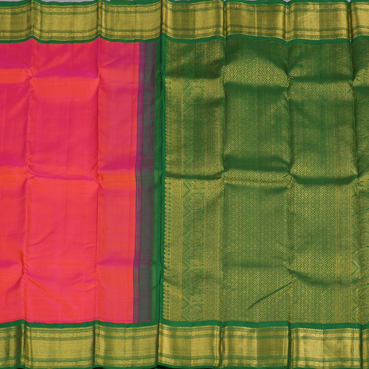 Hayagrivas Orangish Pink Handloom Kanjivaram Silk Saree with Dark Green Border KBE5D26-1