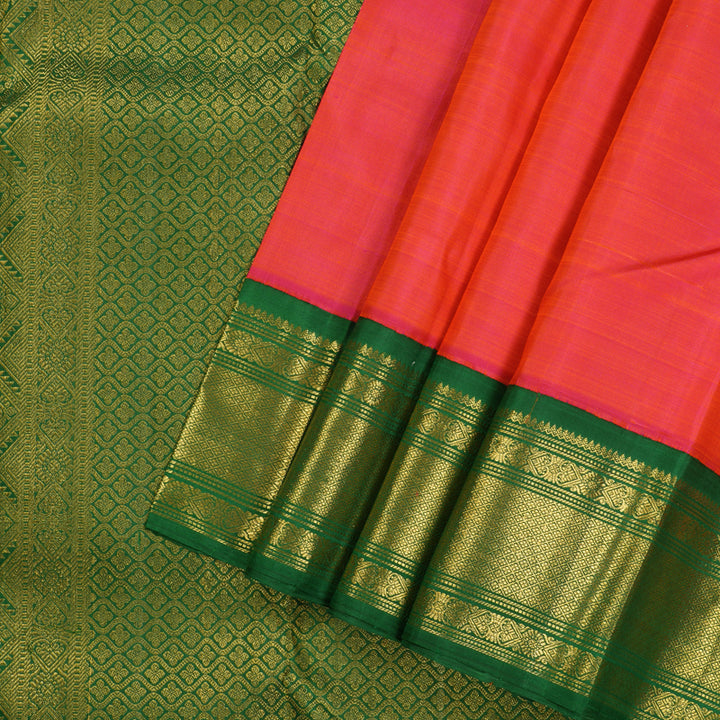 Hayagrivas Orangish Pink Handloom Kanjivaram Silk Saree with Dark Green Border KBE5D26-1