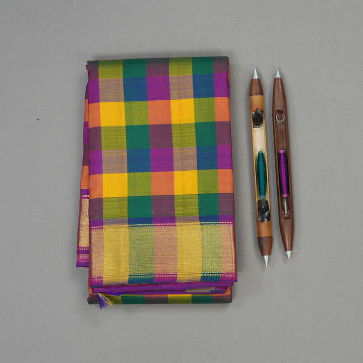 Hayagrivas Handloom Multicolour Checks Kanjivaram Silk Saree with Multicolour border KBE601F2-2