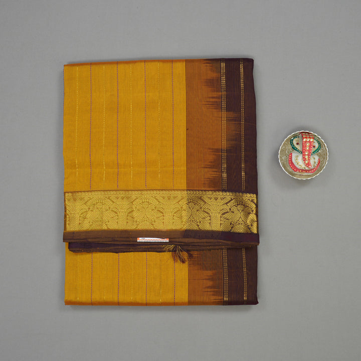 Hayagrivas Handloom Golden Shade Ten Yards Kanjivaram Silk Cotton Saree with Deep Brown Border KBE614F3-1