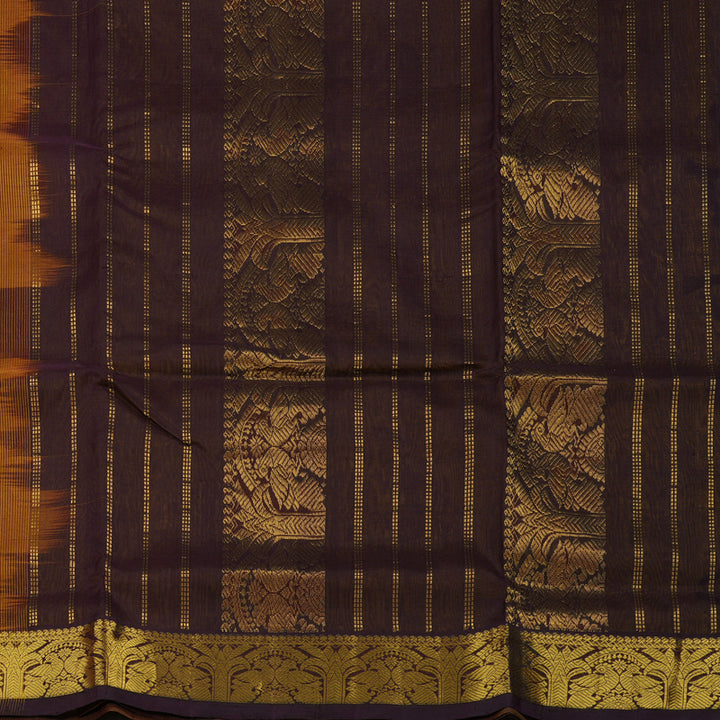 Hayagrivas Handloom Golden Shade Ten Yards Kanjivaram Silk Cotton Saree with Deep Brown Border KBE614F3-1