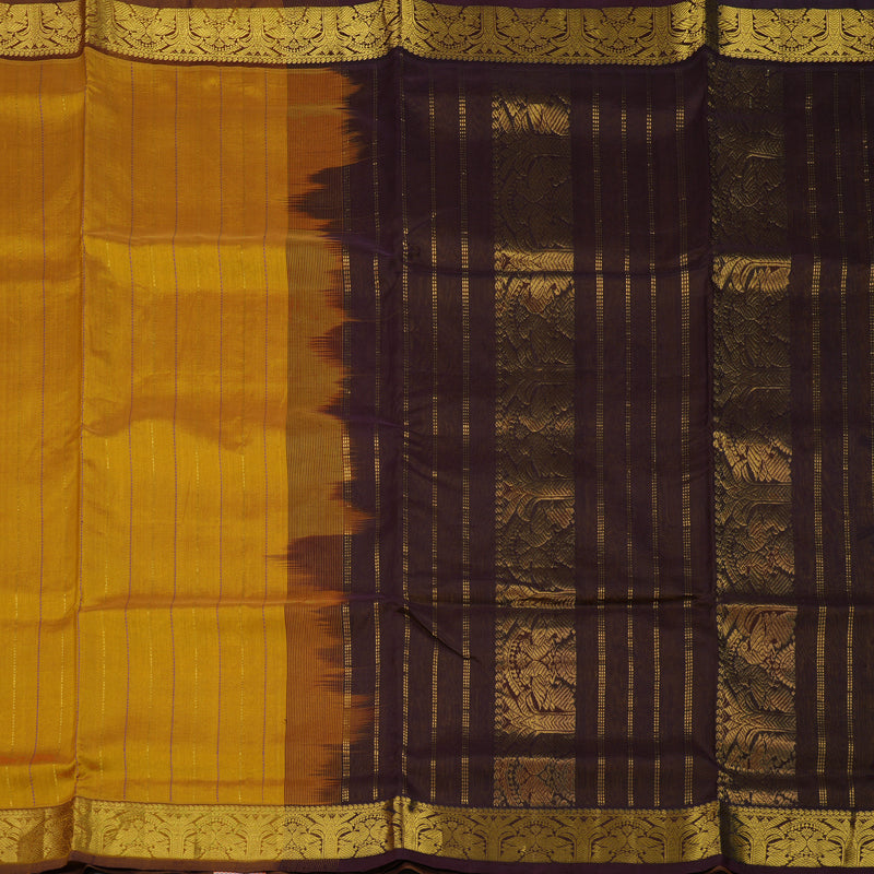 Hayagrivas Handloom Golden Shade Ten Yards Kanjivaram Silk Cotton Saree with Deep Brown Border KBE614F3-1