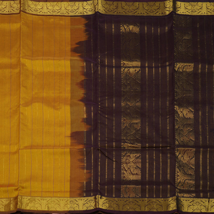 Hayagrivas Handloom Golden Shade Ten Yards Kanjivaram Silk Cotton Saree with Deep Brown Border KBE614F3-1