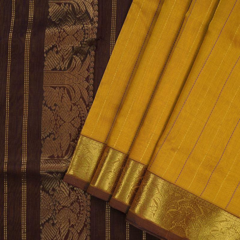 Hayagrivas Handloom Golden Shade Ten Yards Kanjivaram Silk Cotton Saree with Deep Brown Border KBE614F3-1