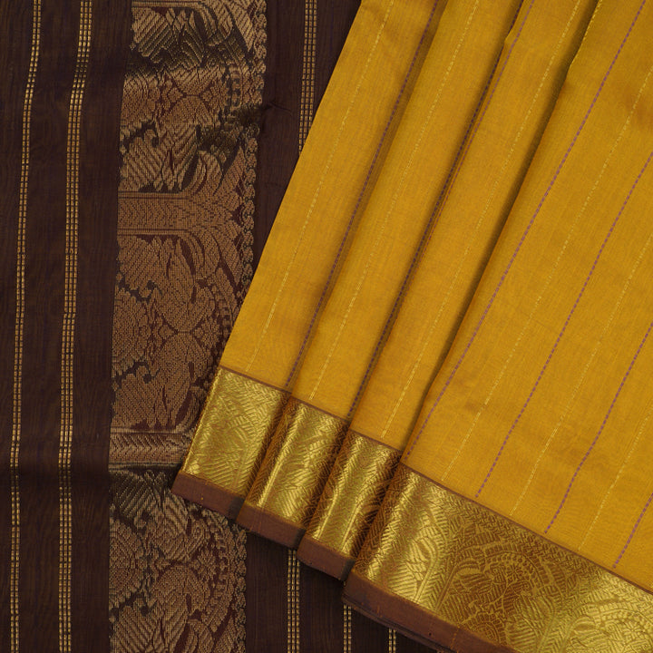 Hayagrivas Handloom Golden Shade Ten Yards Kanjivaram Silk Cotton Saree with Deep Brown Border KBE614F3-1