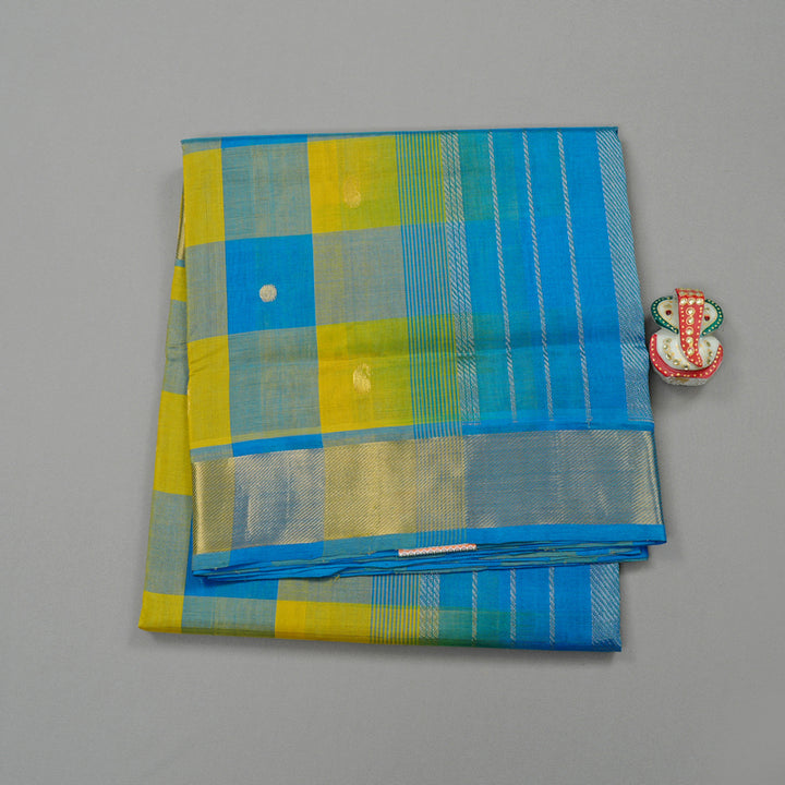 Hayagrivas Handloom Pure Silk Cotton Saree in Vibrant Sky Blue with Lemon Yellow Checks KBE61D4-11