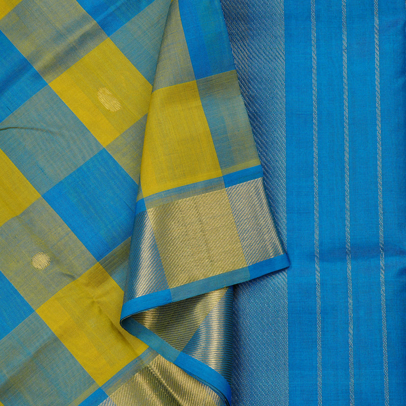 Hayagrivas Handloom Pure Silk Cotton Saree in Vibrant Sky Blue with Lemon Yellow Checks KBE61D4-11