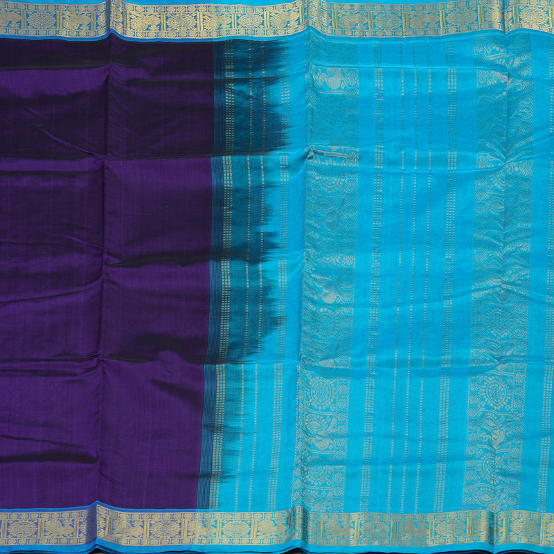 Hayagrivas Handloom Pure Silk Cotton Saree in Deep Violet with Aqua Blue KBE629F2-6