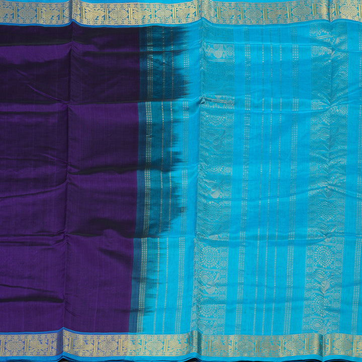 Hayagrivas Handloom Pure Silk Cotton Saree in Deep Violet with Aqua Blue KBE629F2-6