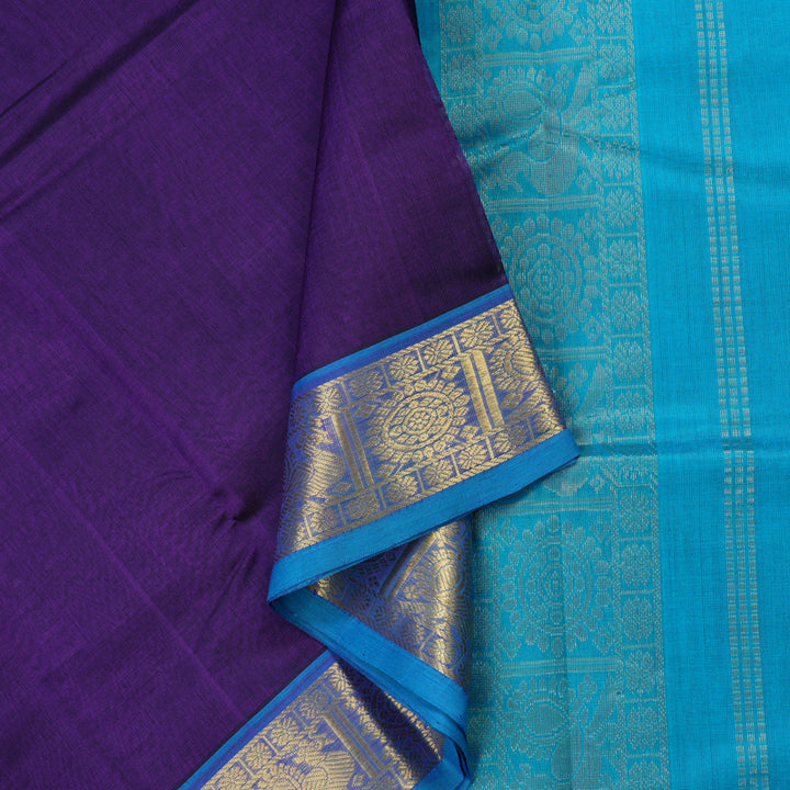 Hayagrivas Handloom Pure Silk Cotton Saree in Deep Violet with Aqua Blue KBE629F2-6