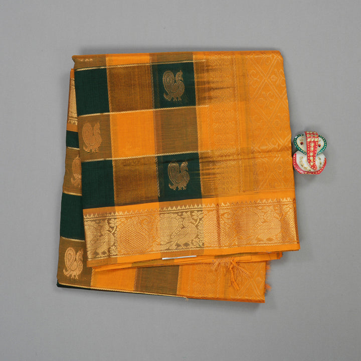 Hayagrivas Handloom Silk Cotton Saree in Multicolour Checks with Mango Yellow KBE629F9-1