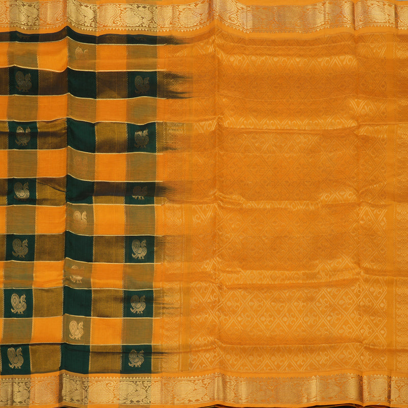 Hayagrivas Handloom Silk Cotton Saree in Multicolour Checks with Mango Yellow KBE629F9-1