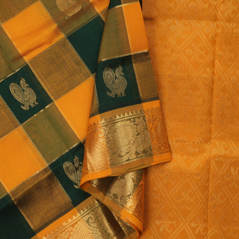 Hayagrivas Handloom Silk Cotton Saree in Multicolour Checks with Mango Yellow KBE629F9-1
