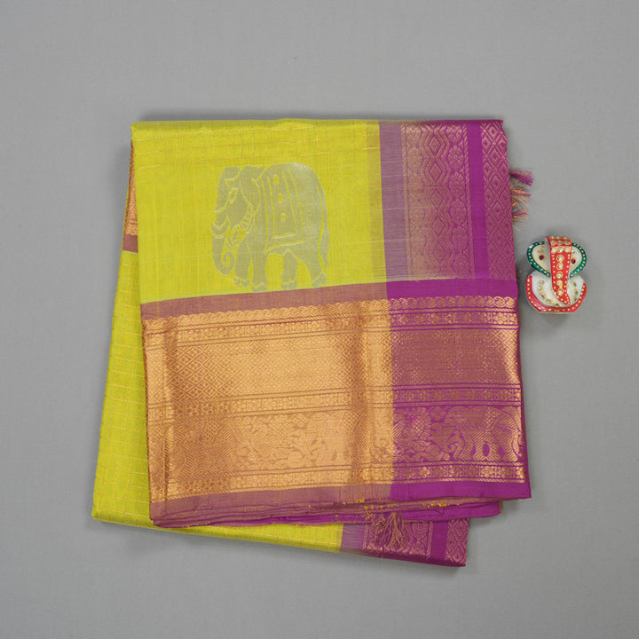 Hayagrivas Handloom Pure Silk Cotton Saree in Lemon Green with Purple KBE630F1-2